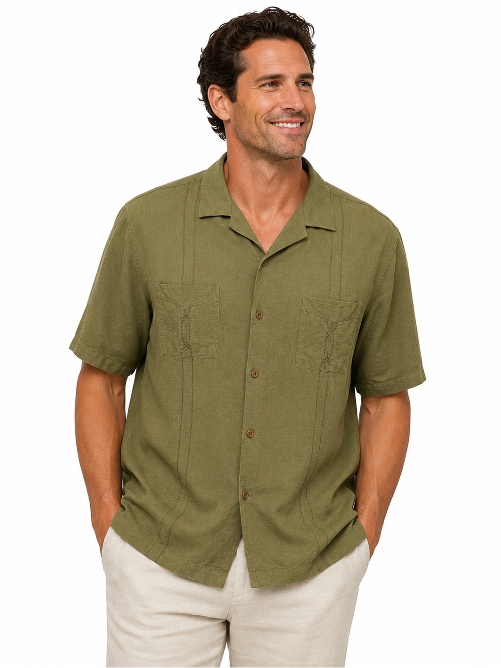 Tommy Bahama 100% Silk Camp Shirt Olive Green Embroidered Size Large